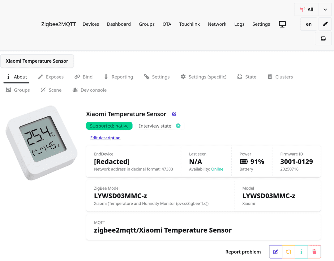Screenshot of device page on ZigBee2MQTT