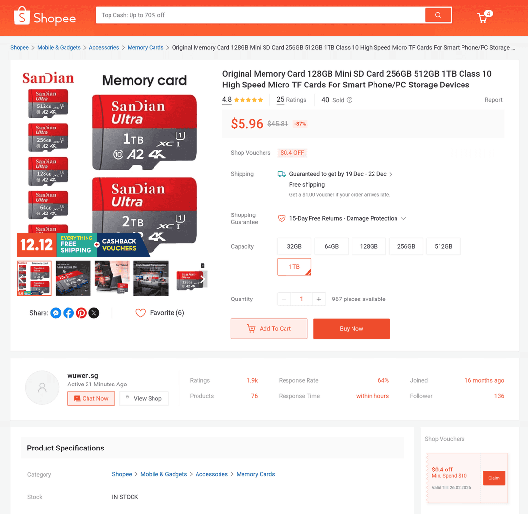 Screenshot of cheap SSD on Shopee