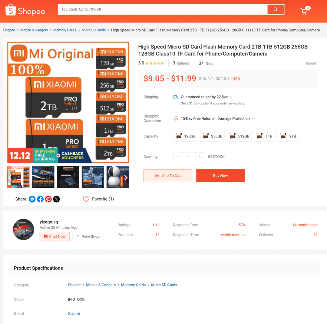 Screenshot of Xiaomi SD card on Shopee